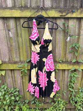 Cache Y2K Black Floral Halter Sundress with Pink & Yellow Flowers 100% silk